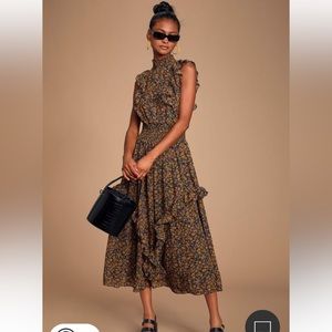 “Evalina” Mustard Floral Print Dress from Lulus